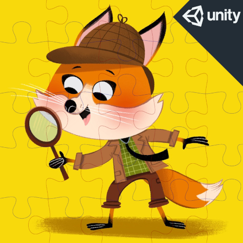 A yellow puzzle with a Fox dressed as a detective, Sherlock Holmes style! Made in Unity.